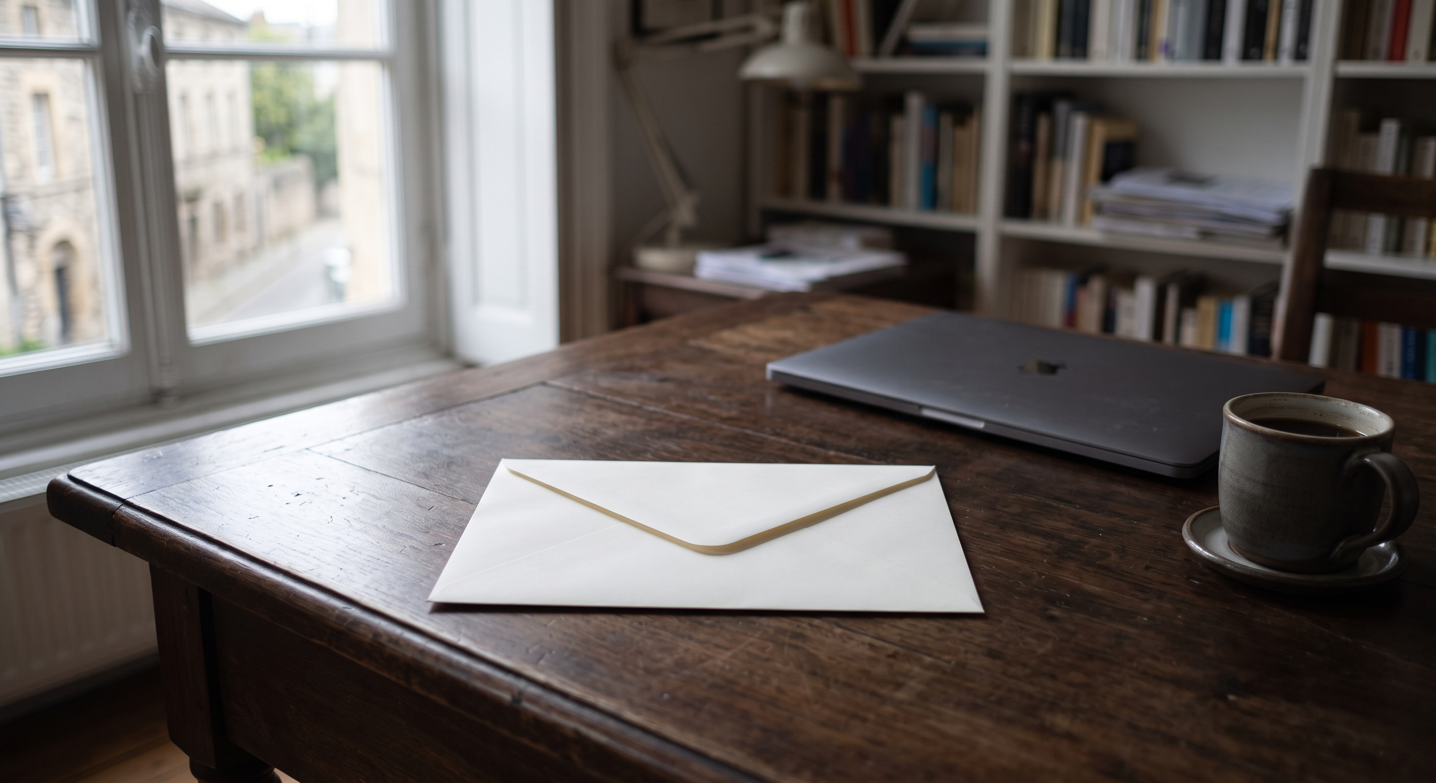 Envelope fechado pousado sobre uma secretária de escritório ao início da manhã