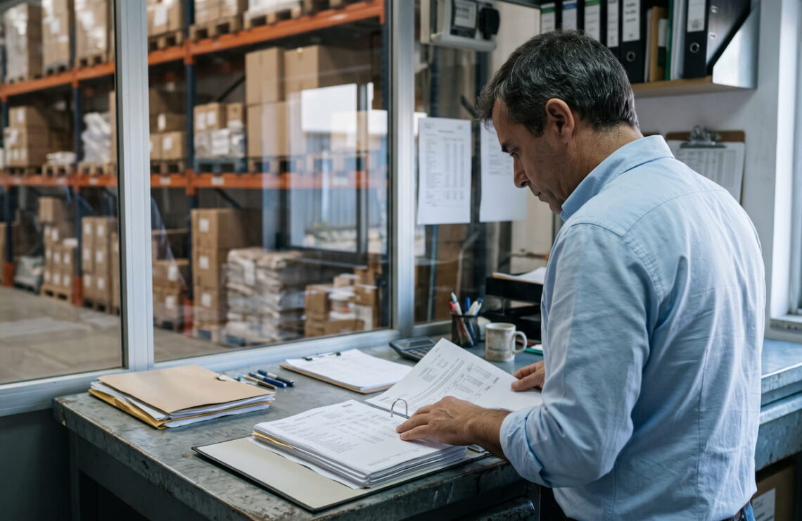 Sócio a consultar um dossiê de documentos contabilísticos da empresa num escritório de armazém