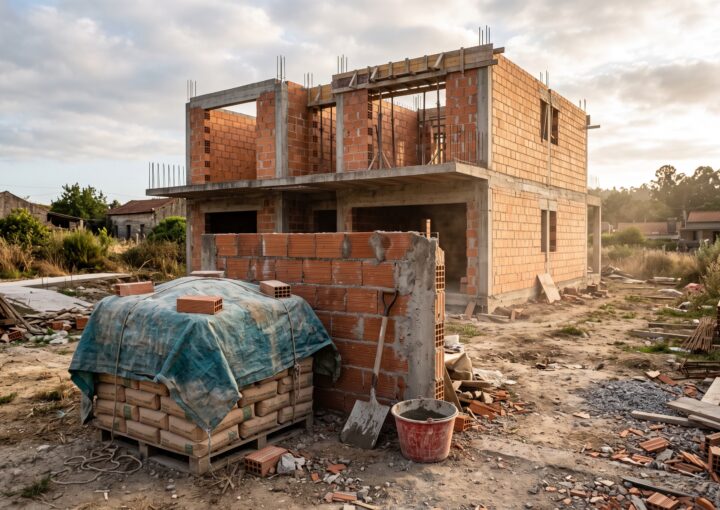 Estaleiro de obra parado com materiais empilhados e sem trabalhadores