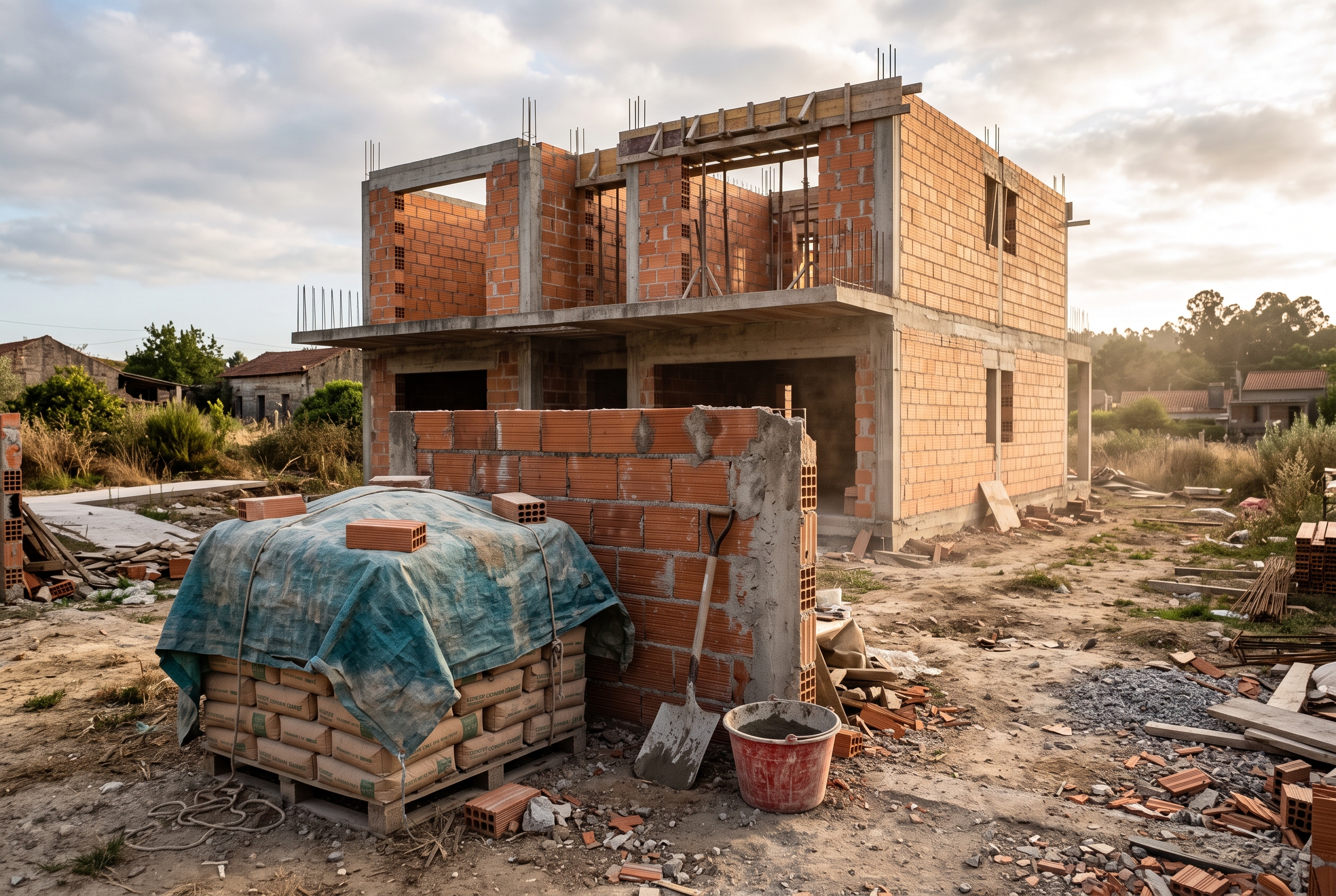Estaleiro de obra parado com materiais empilhados e sem trabalhadores