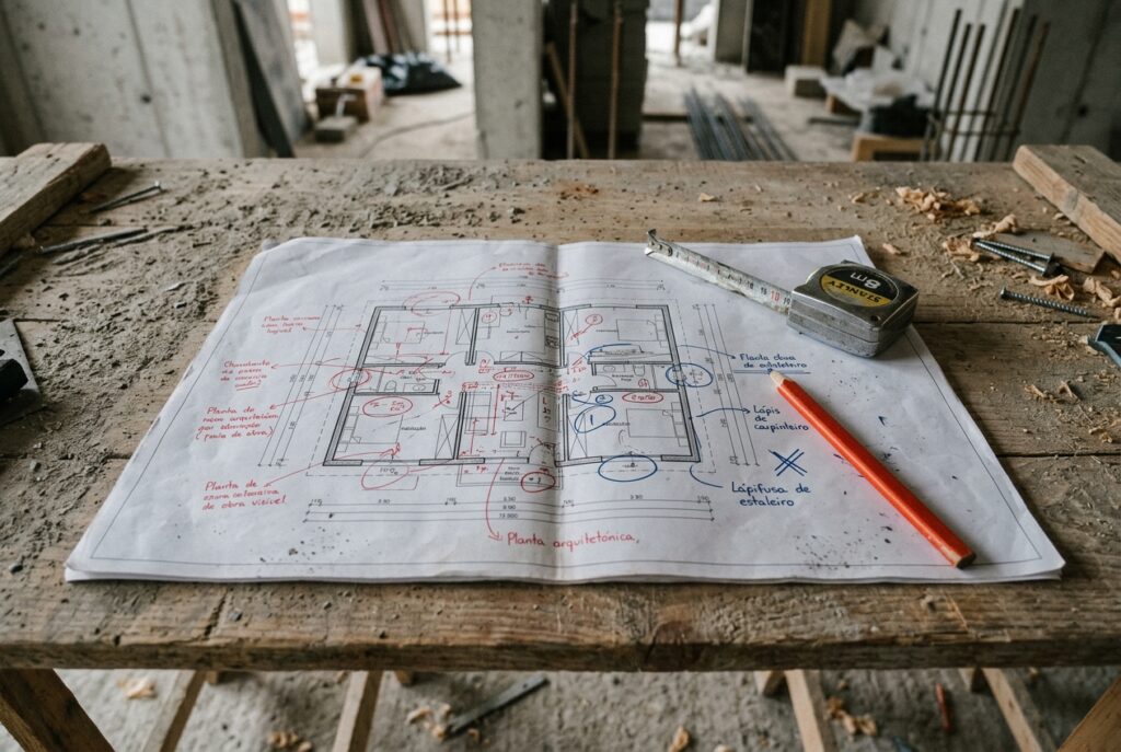 Planta de obra sobre bancada com anotações a lápis e correções à mão