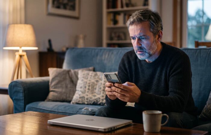 Homem a olhar para uma notificação do banco no telemóvel, sentado no sofá ao fim do dia.