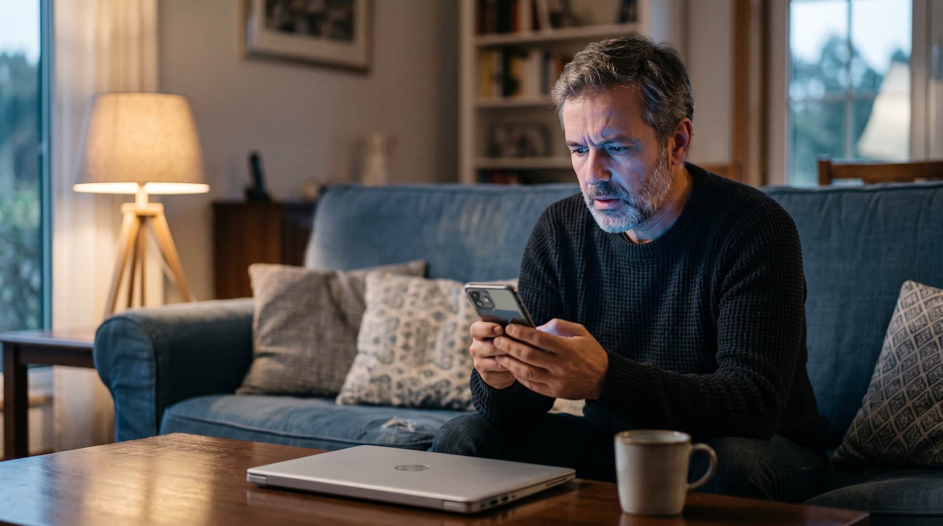 Homem a olhar para uma notificação do banco no telemóvel, sentado no sofá ao fim do dia.