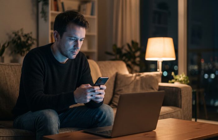 Homem sentado no sofá à noite a reler uma conversa no telemóvel, com o portátil fechado à frente.