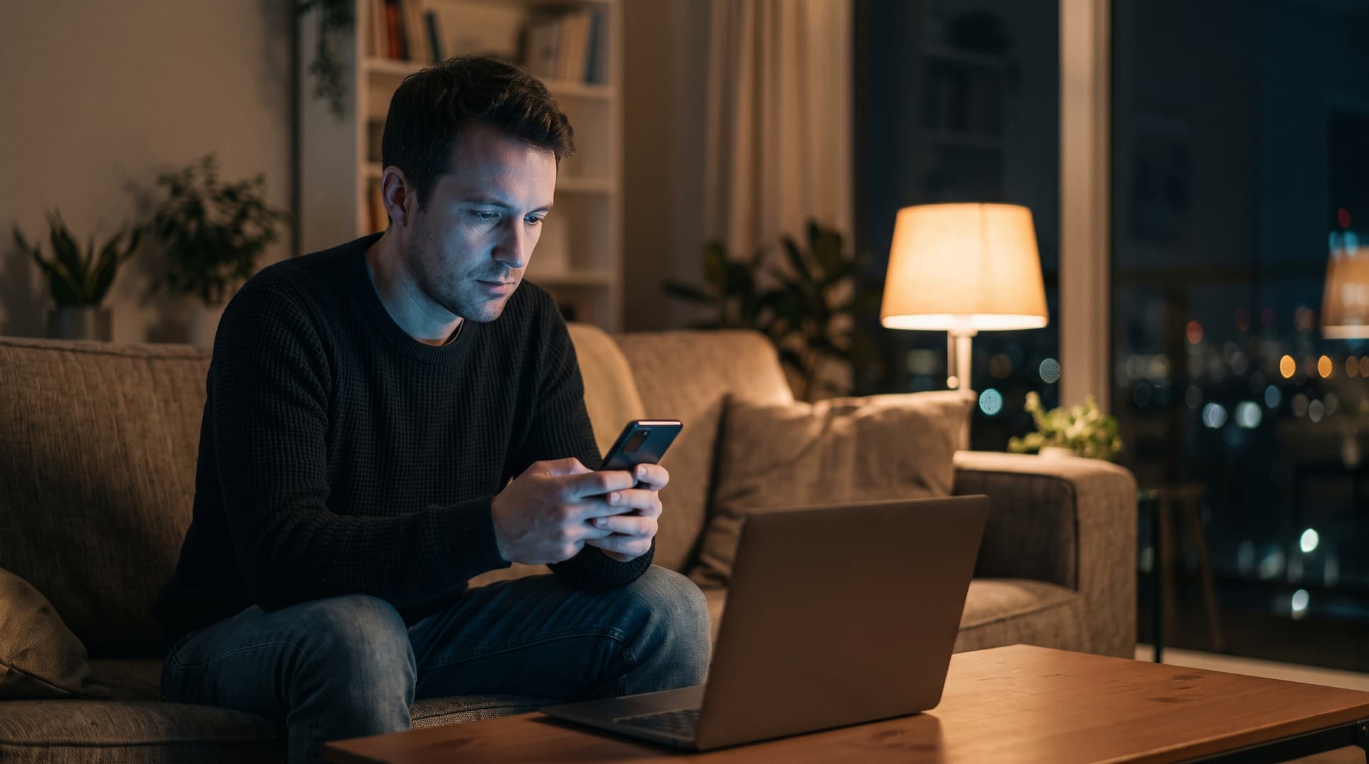 Homem sentado no sofá à noite a reler uma conversa no telemóvel, com o portátil fechado à frente.