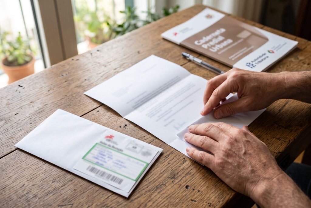 Mãos a preparar carta registada com aviso de receção sobre uma secretária