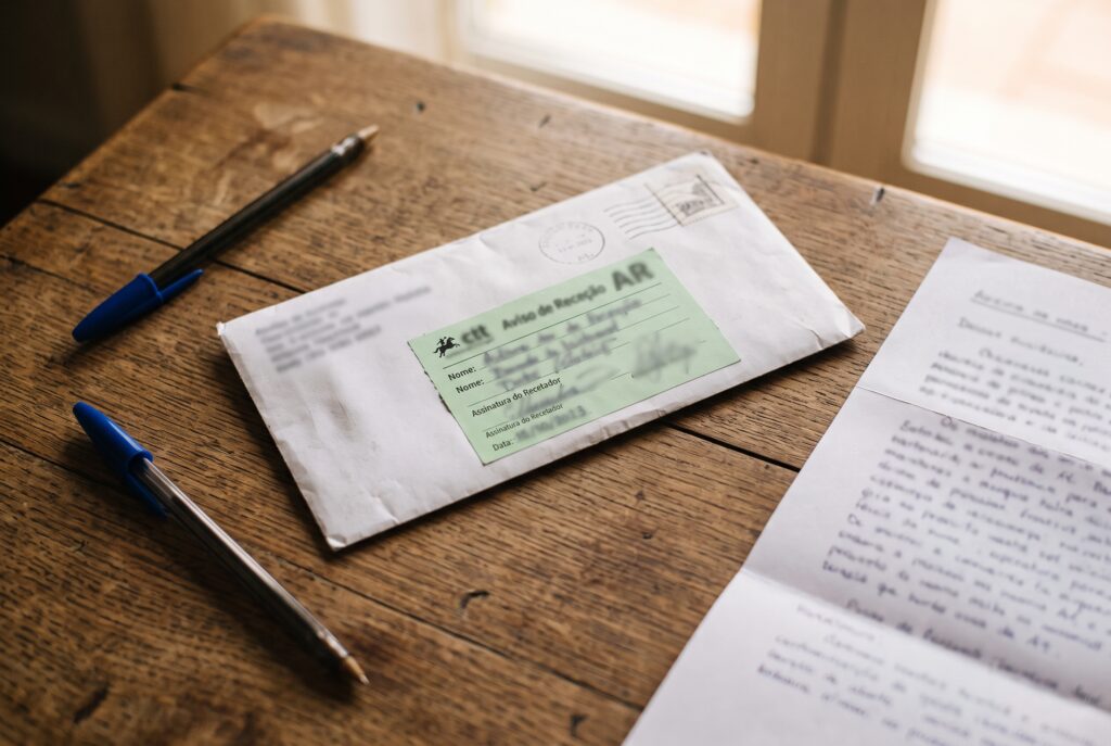 Carta registada com aviso de receção preenchido sobre uma mesa com caneta