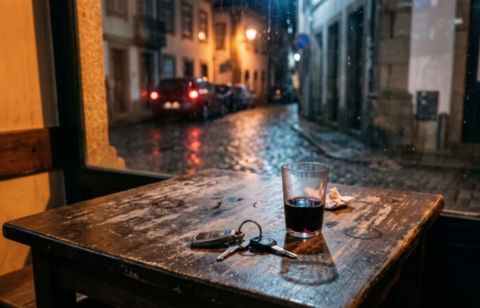 Chave do carro ao lado de um copo de vinho numa mesa de tasca à noite
