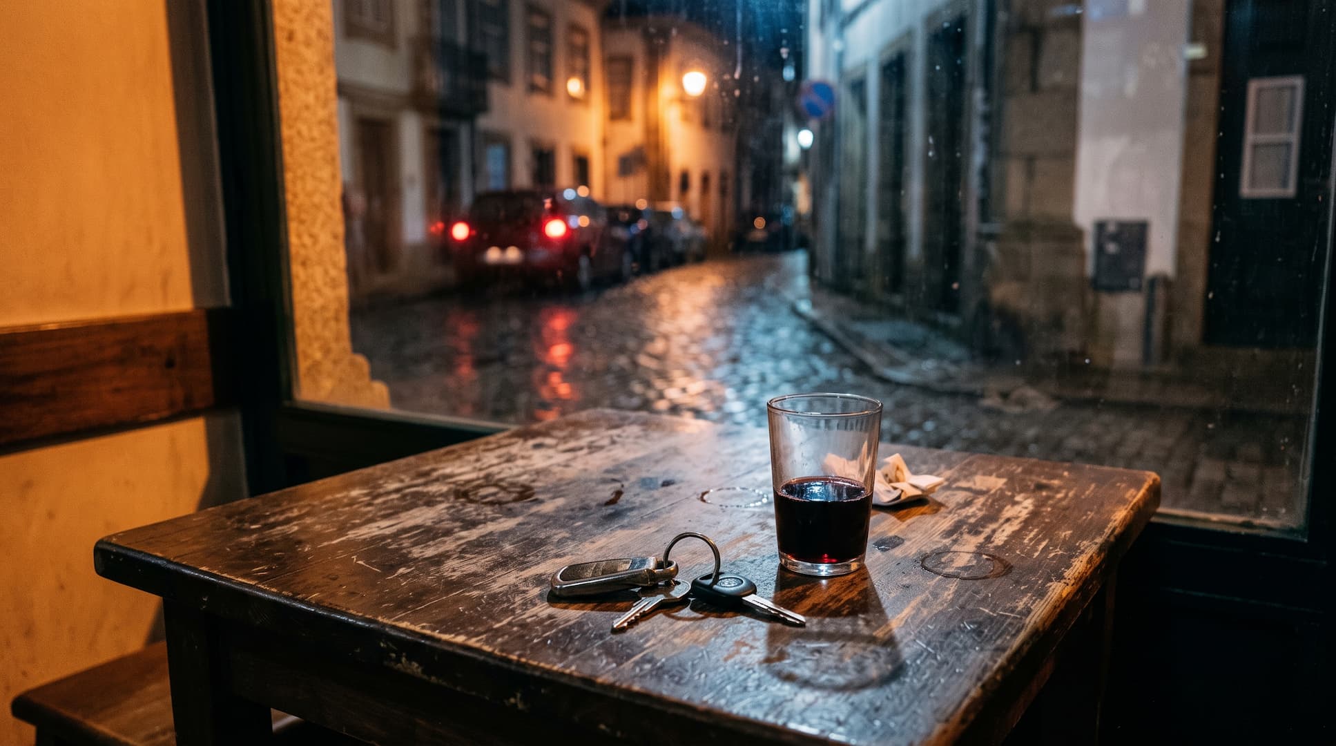 Chave do carro ao lado de um copo de vinho numa mesa de tasca à noite