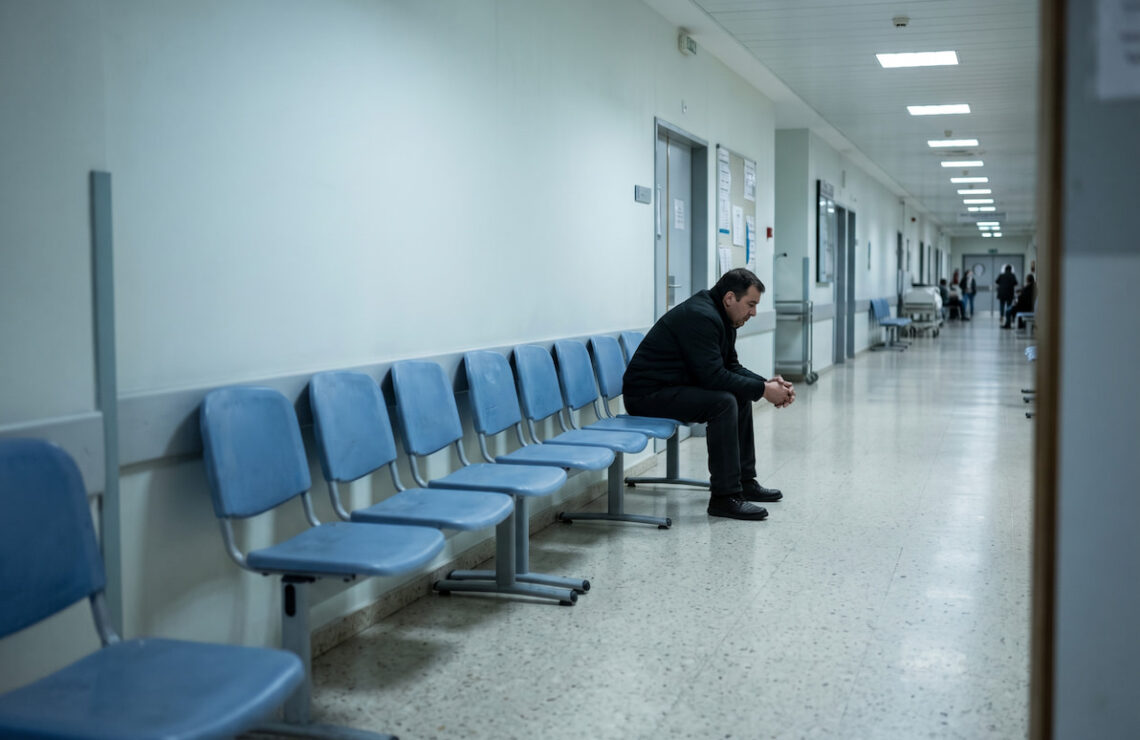 Homem à espera numa sala de urgência hospitalar durante a noite