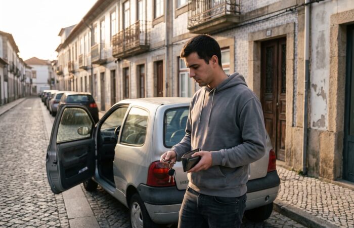 Jovem ao lado do carro com as chaves na mão e a carteira vazia