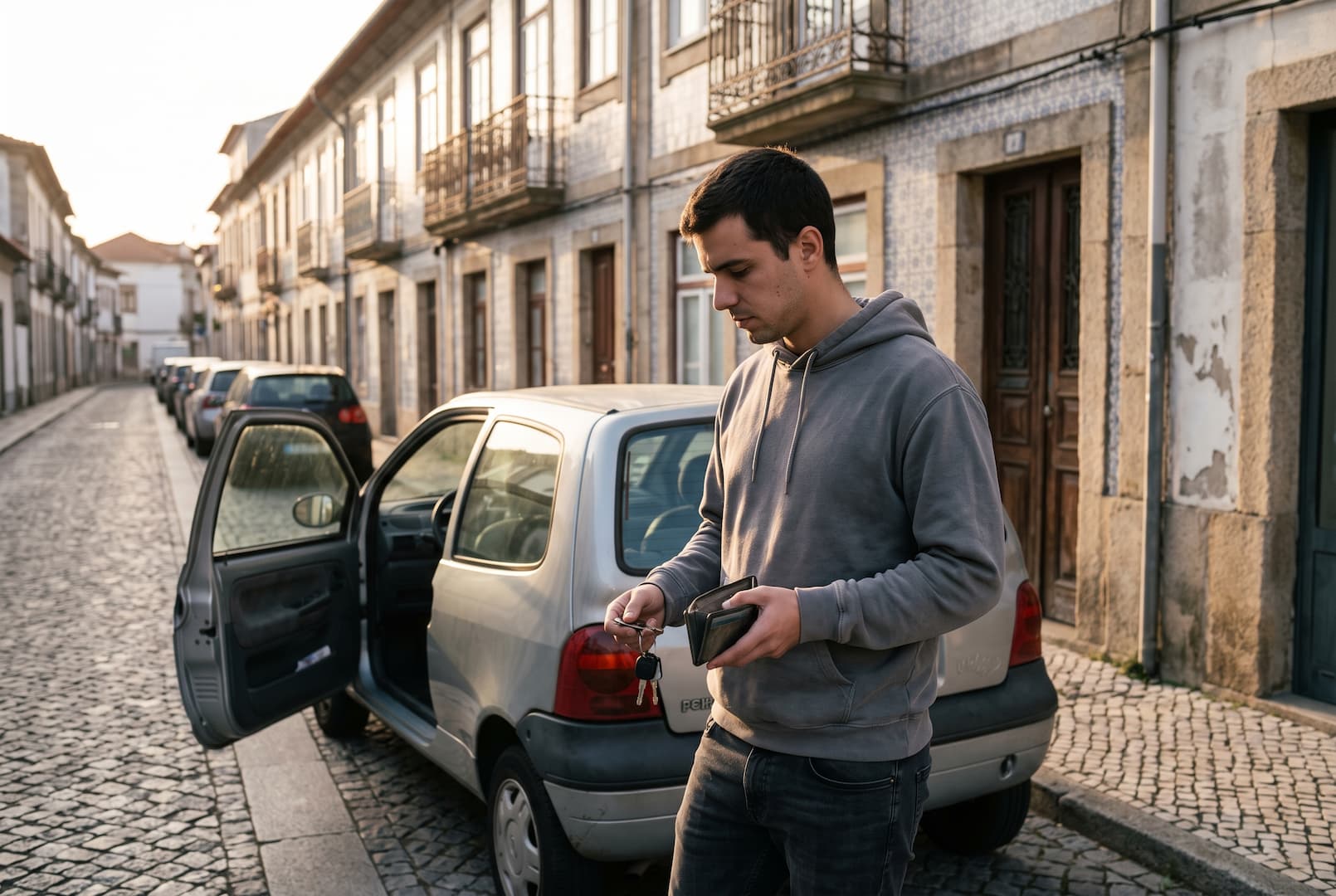 Jovem ao lado do carro com as chaves na mão e a carteira vazia