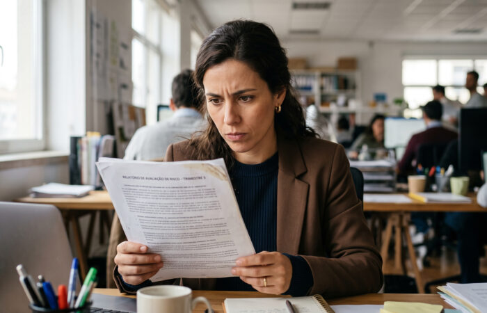 Trabalhadora sentada à secretária a ler com atenção o seu contrato de trabalho, com um marcador na mão