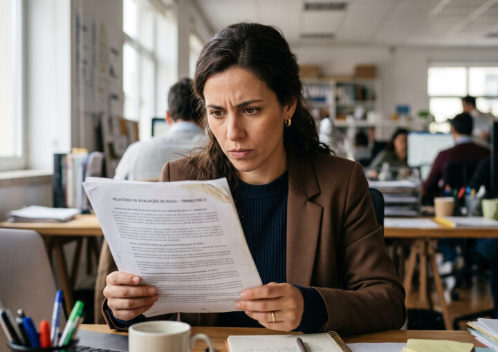 Trabalhadora sentada à secretária a ler com atenção o seu contrato de trabalho, com um marcador na mão