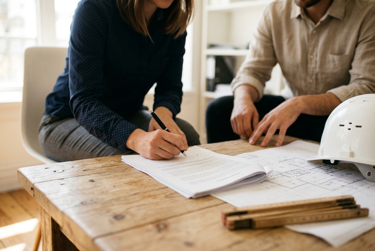 Mãos a assinar um contrato sobre uma mesa com planta de obra e capacete ao lado