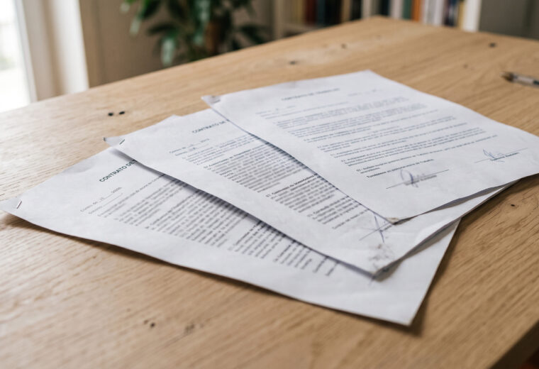 Vários contratos de trabalho sucessivos empilhados sobre uma mesa, com as datas visíveis