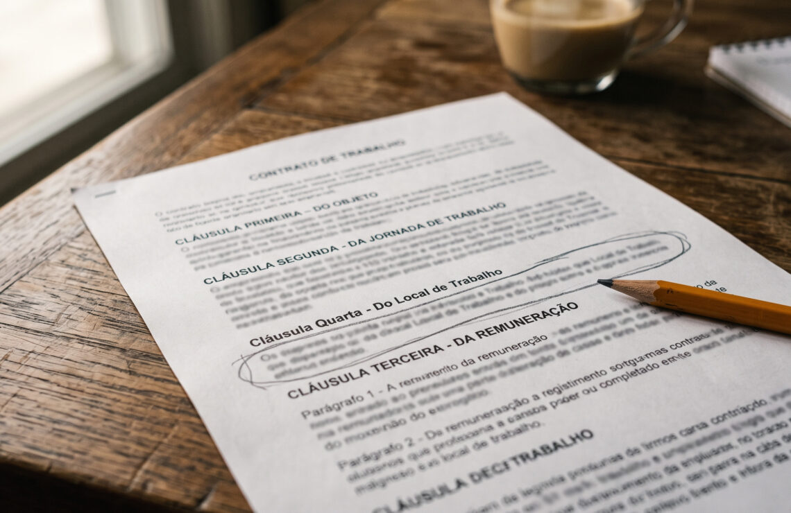 Detalhe de um contrato de trabalho aberto na cláusula do motivo justificativo do termo