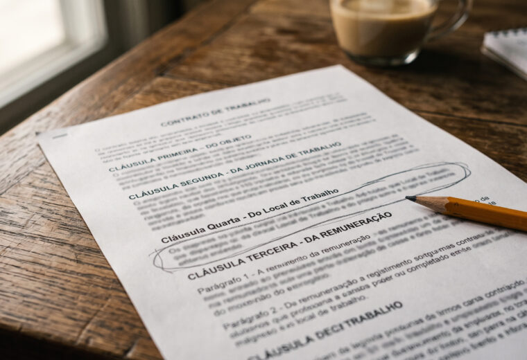 Detalhe de um contrato de trabalho aberto na cláusula do motivo justificativo do termo