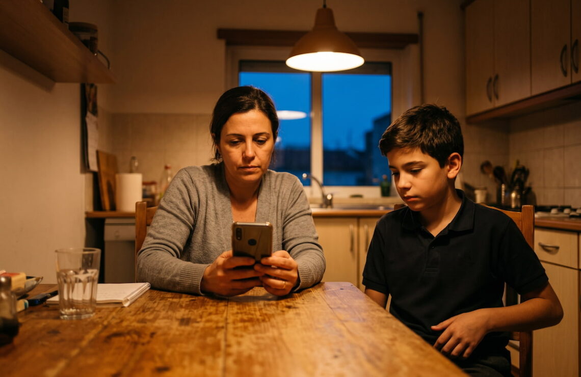 Mãe e filho à mesa da cozinha, a mãe a ver as mensagens no telemóvel do filho