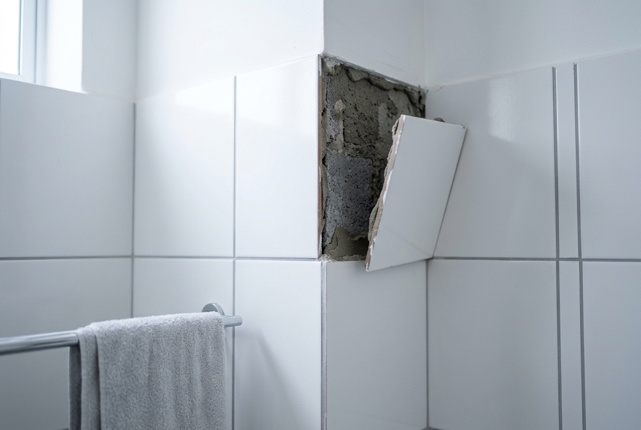 Azulejos descolados e junta aberta numa parede de casa de banho recente