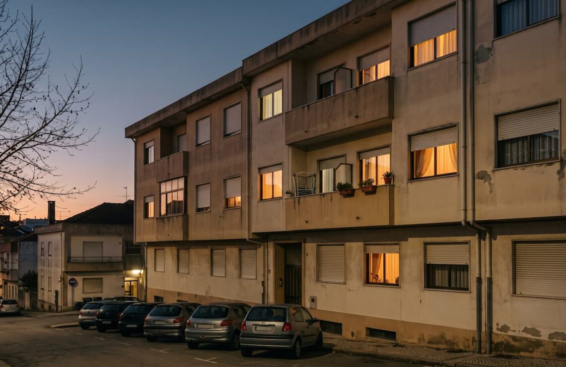 Fachada de um prédio de habitação ao anoitecer, com várias janelas iluminadas