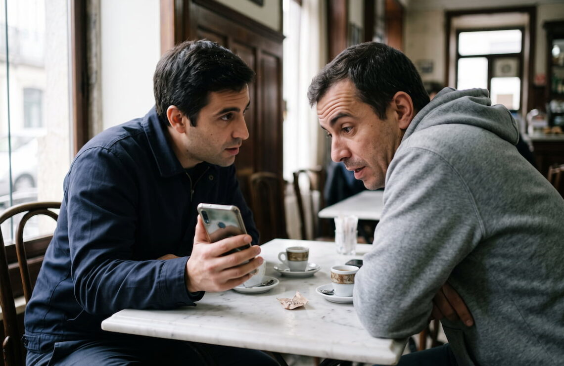 Dois homens conversam em voz baixa num café, um deles mostra o telemóvel ao outro