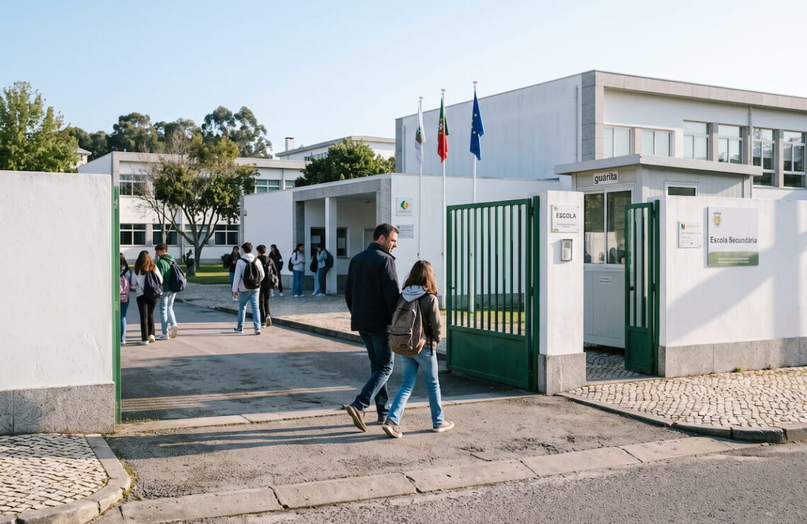 Pai e filha a entrar no portão de uma escola pública de manhã