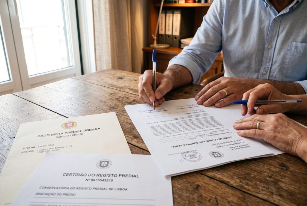 Mãos a assinar escritura de venda junto a caderneta predial e certidão do registo predial