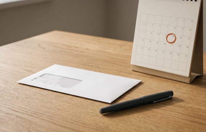 Envelope fechado das Finanças pousado numa secretária de madeira, ao lado de um calendário de secretária com um dia assinalado a laranja.