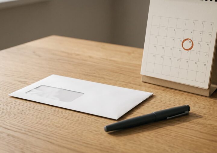 Envelope fechado das Finanças pousado numa secretária de madeira, ao lado de um calendário de secretária com um dia assinalado a laranja.