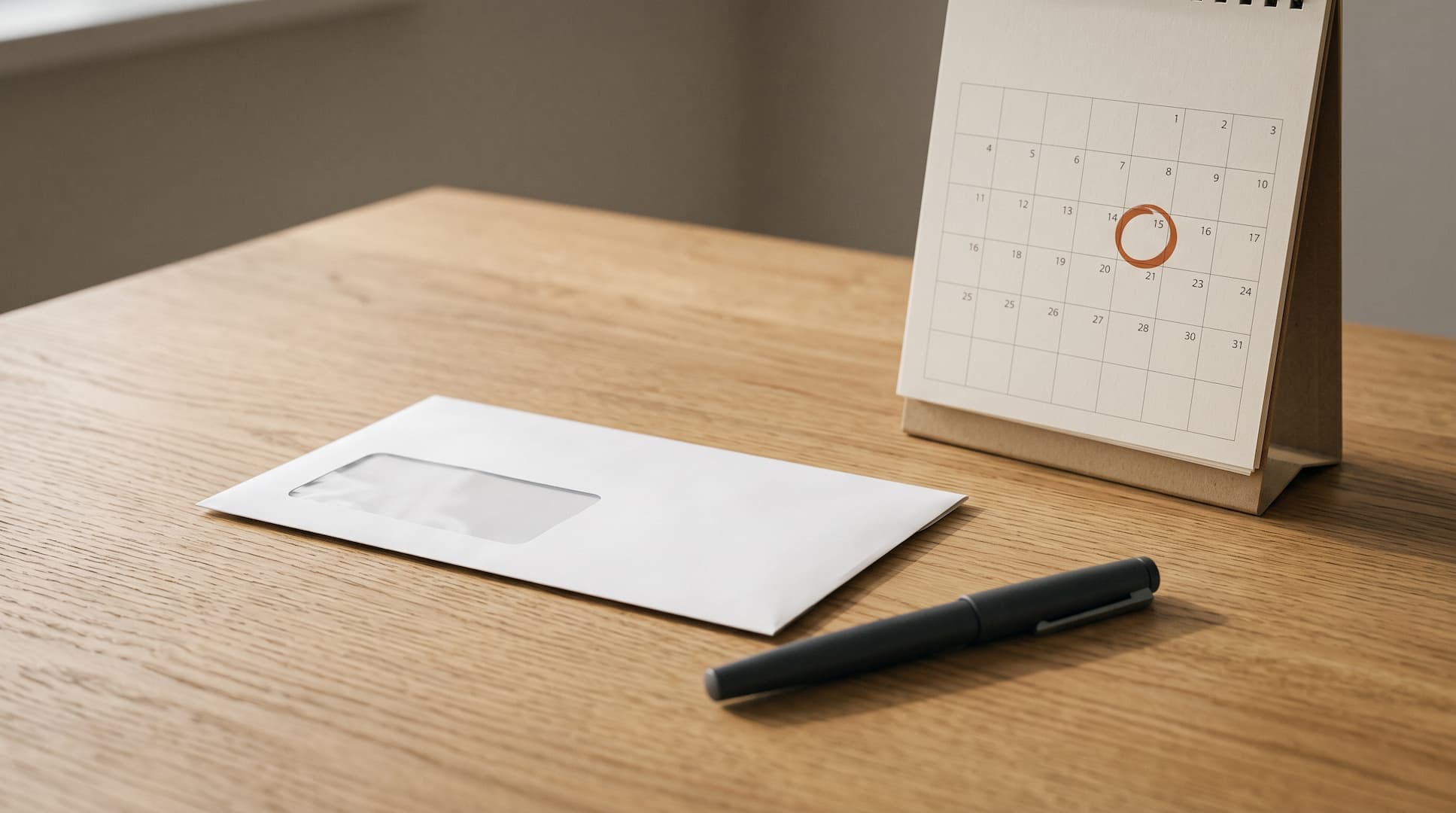 Envelope fechado das Finanças pousado numa secretária de madeira, ao lado de um calendário de secretária com um dia assinalado a laranja.