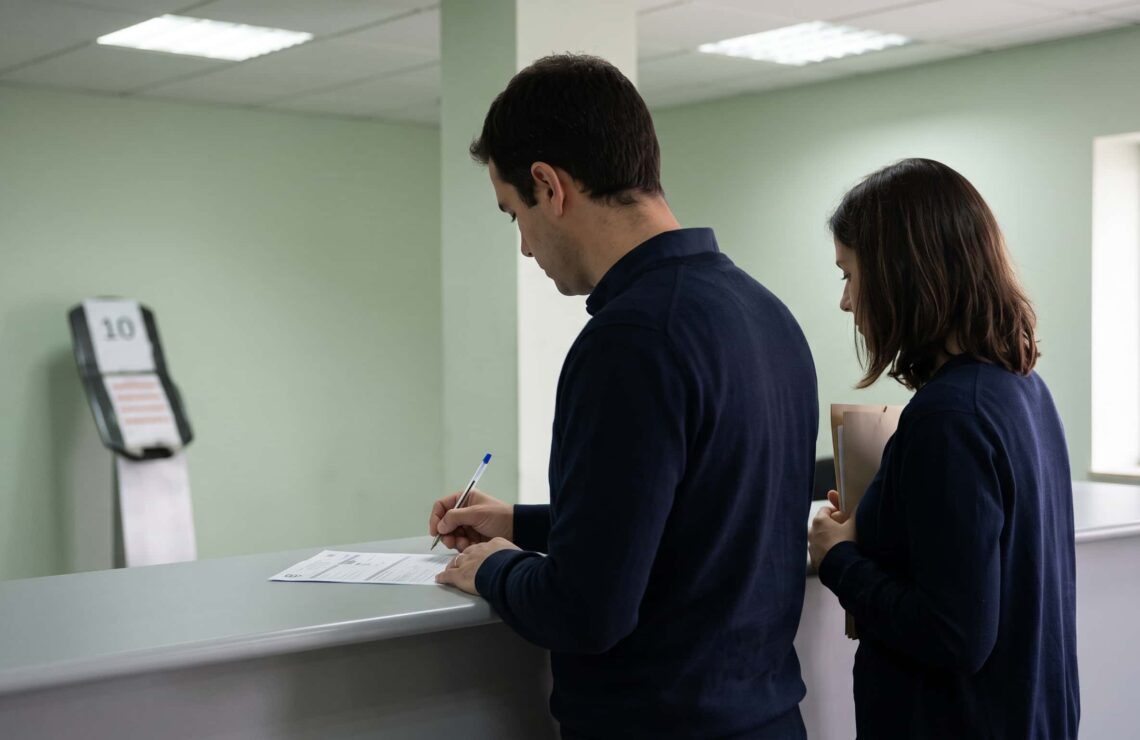 Duas pessoas a preencher documentos ao balcão de um serviço de finanças português