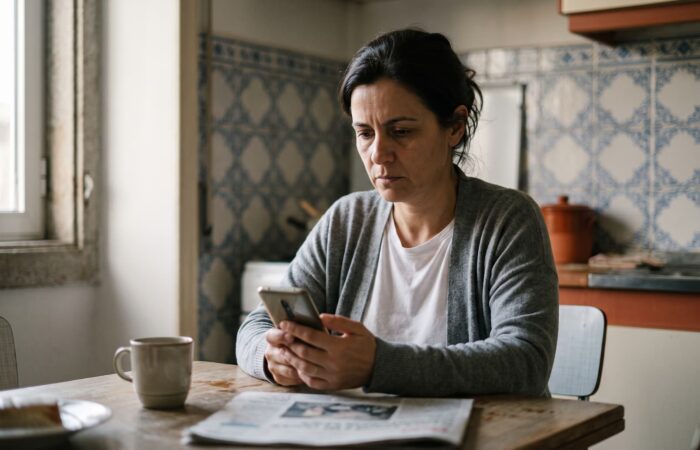Mulher de meia-idade lê uma mensagem no telemóvel, sentada à mesa da cozinha, com expressão séria