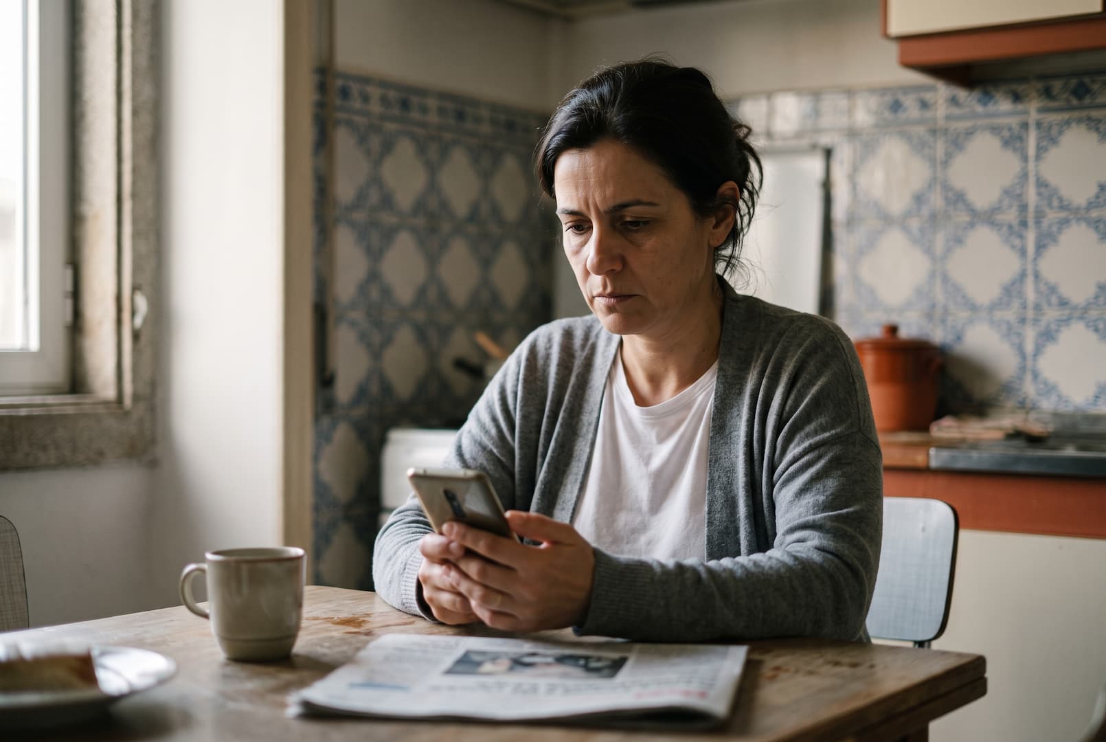 Mulher de meia-idade lê uma mensagem no telemóvel, sentada à mesa da cozinha, com expressão séria