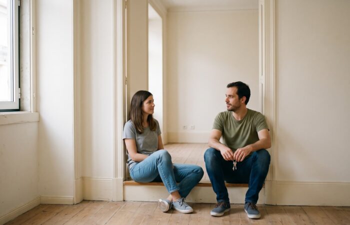 Casal jovem sentado na soleira de um apartamento vazio em Lisboa, com as chaves na mão