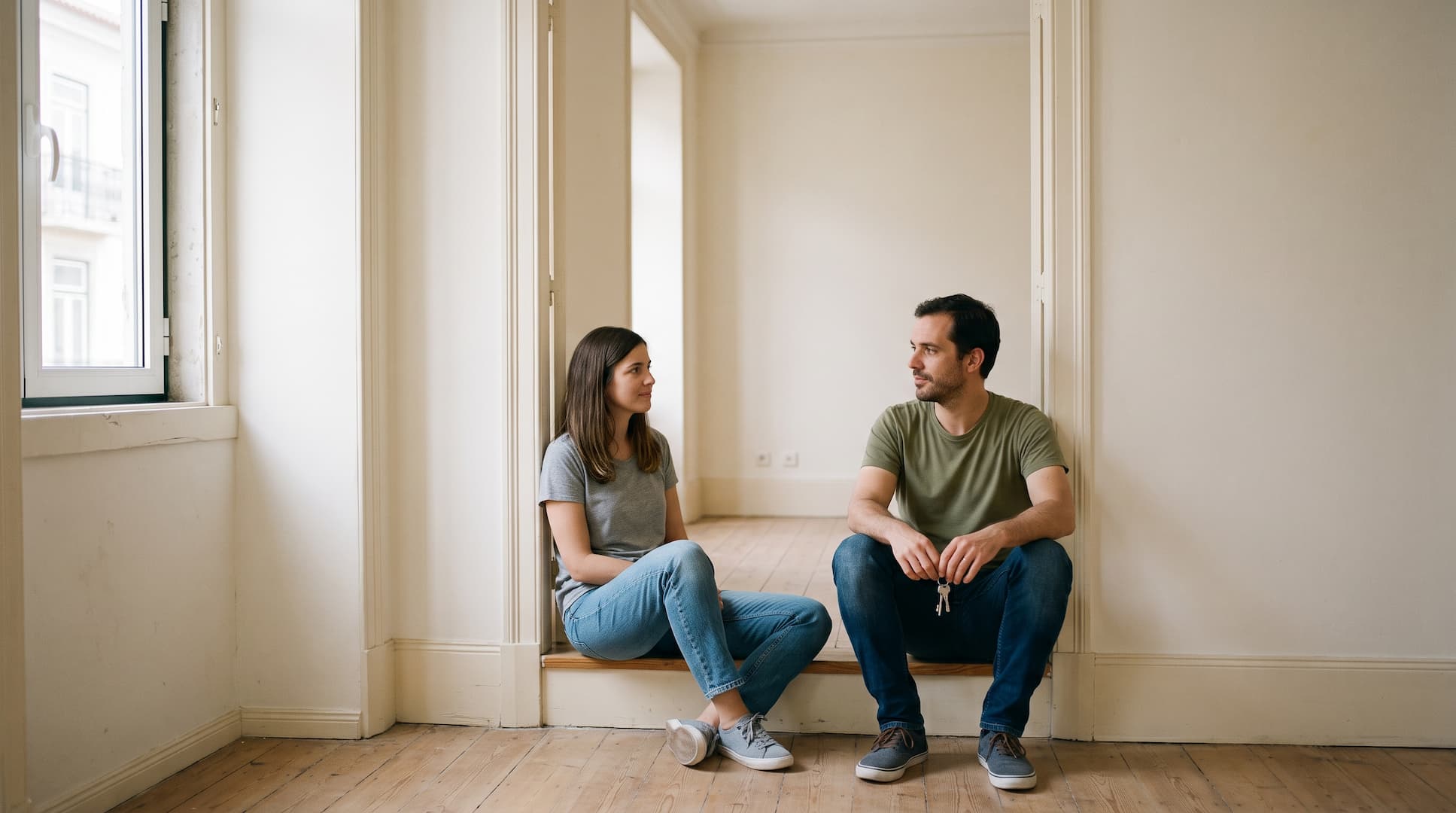Casal jovem sentado na soleira de um apartamento vazio em Lisboa, com as chaves na mão