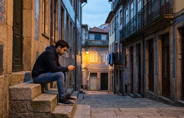 Jovem sentado numas escadas de granito de uma rua estreita do Porto ao fim da tarde