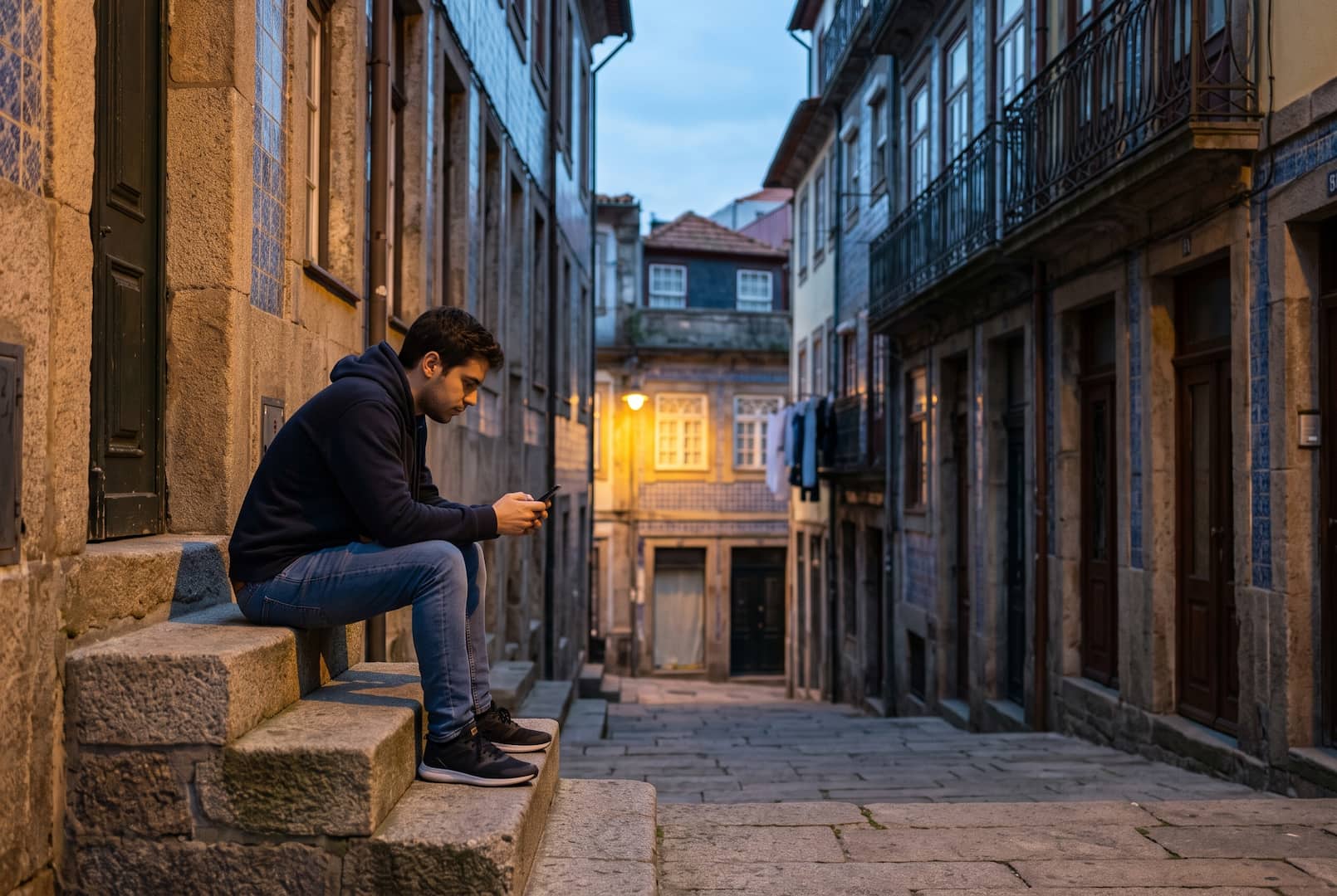 Jovem sentado numas escadas de granito de uma rua estreita do Porto ao fim da tarde
