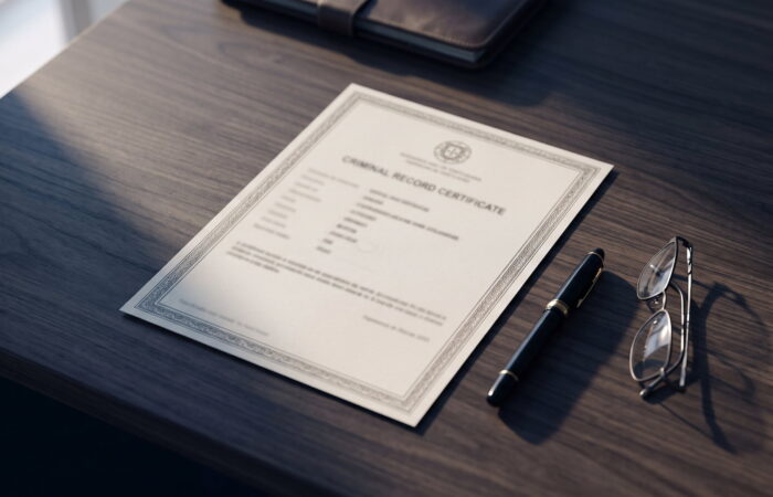 Certificado de registo criminal português sobre uma mesa de secretária.