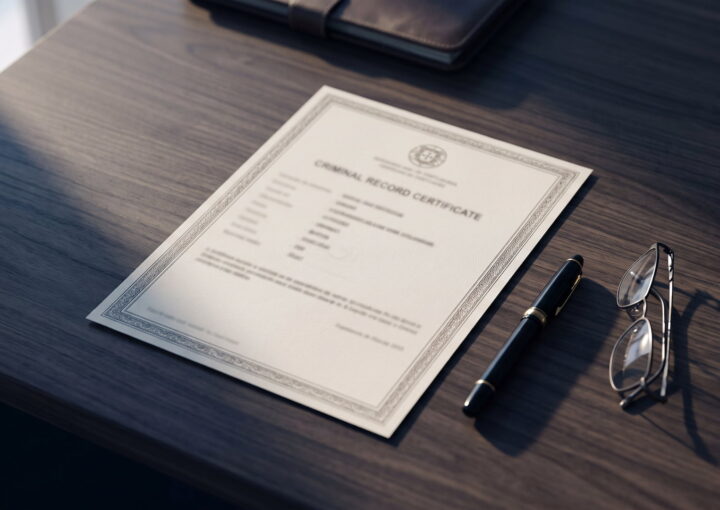 Certificado de registo criminal português sobre uma mesa de secretária.
