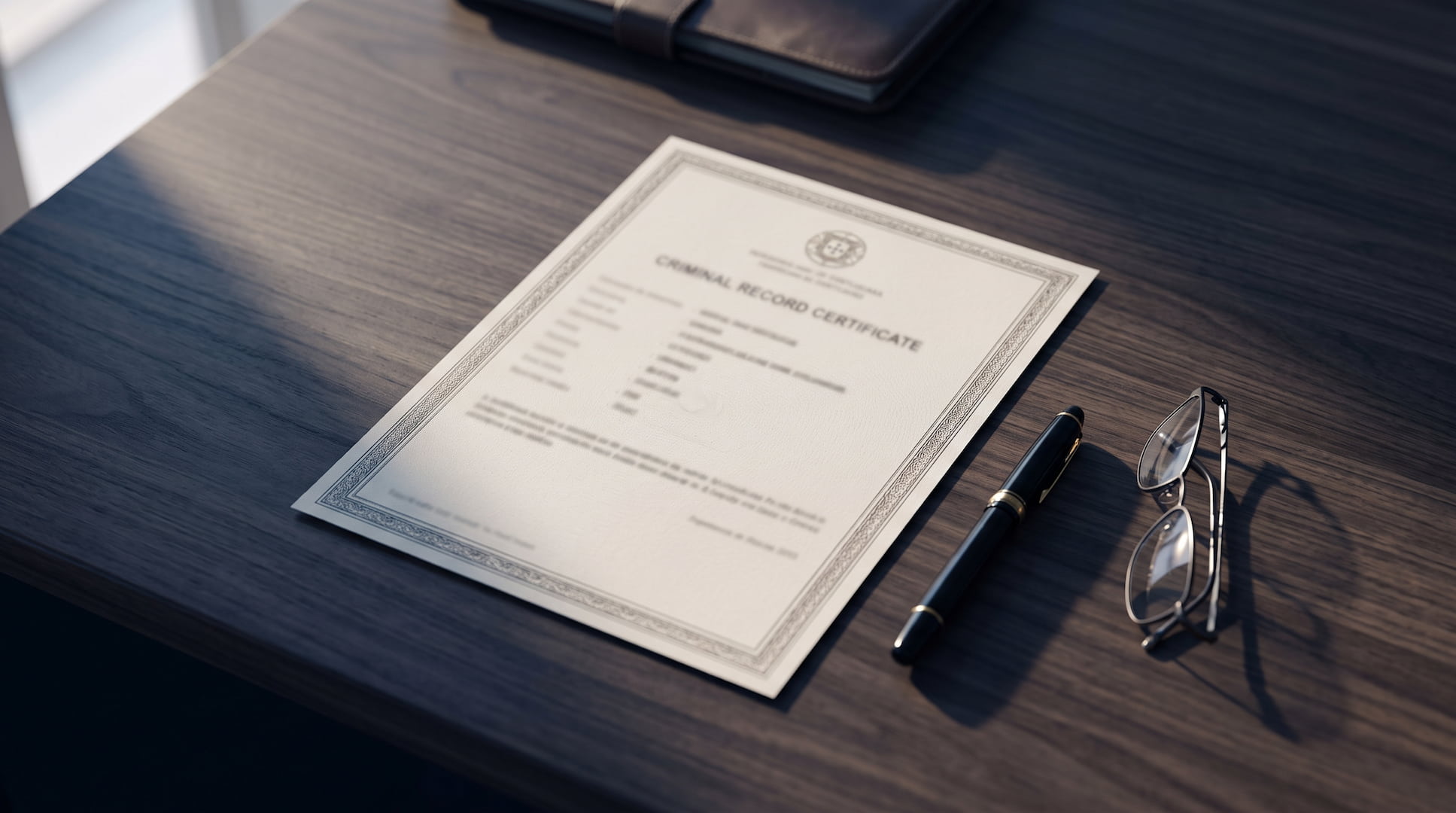 Certificado de registo criminal português sobre uma mesa de secretária.
