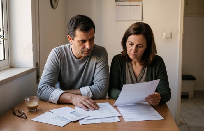 Casal de meia-idade sentado à mesa da cozinha a analisar correspondência das Finanças ao final da tarde