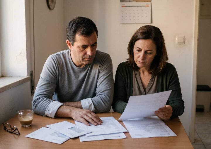 Casal de meia-idade sentado à mesa da cozinha a analisar correspondência das Finanças ao final da tarde