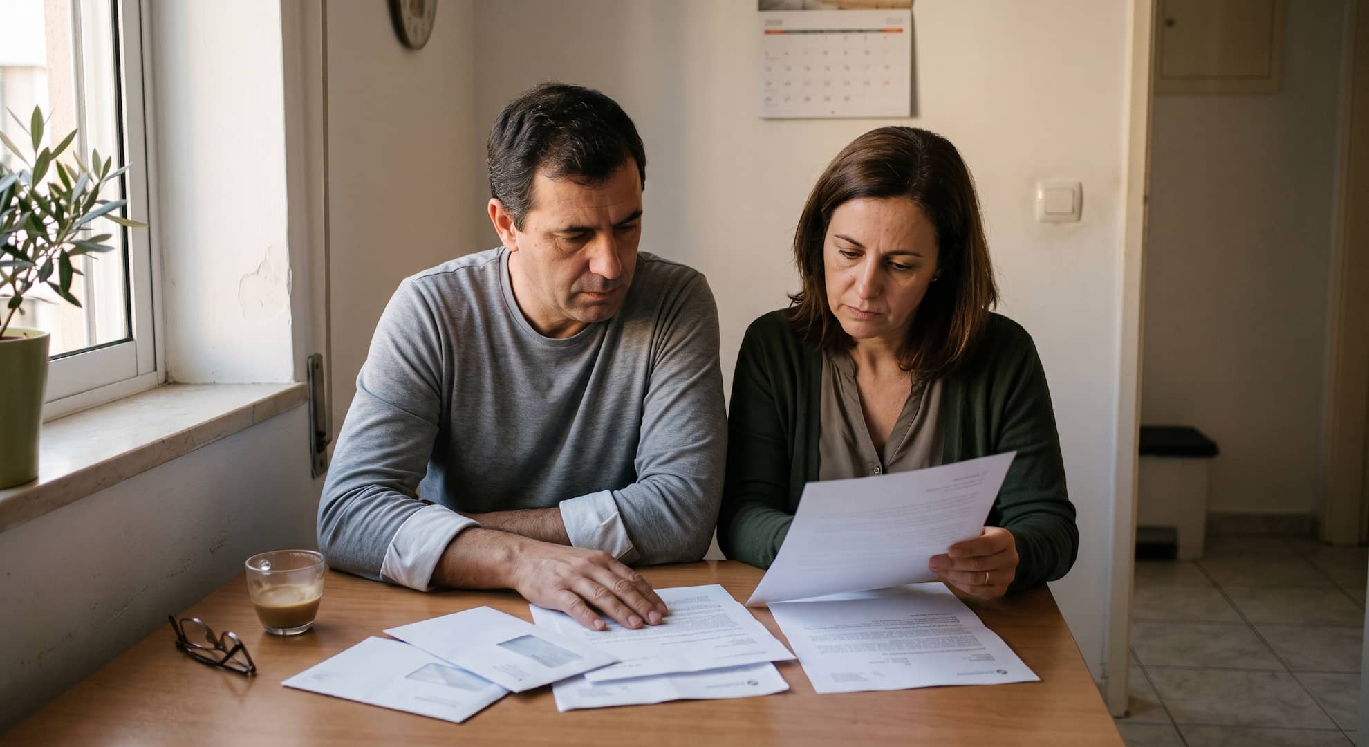 Casal de meia-idade sentado à mesa da cozinha a analisar correspondência das Finanças ao final da tarde