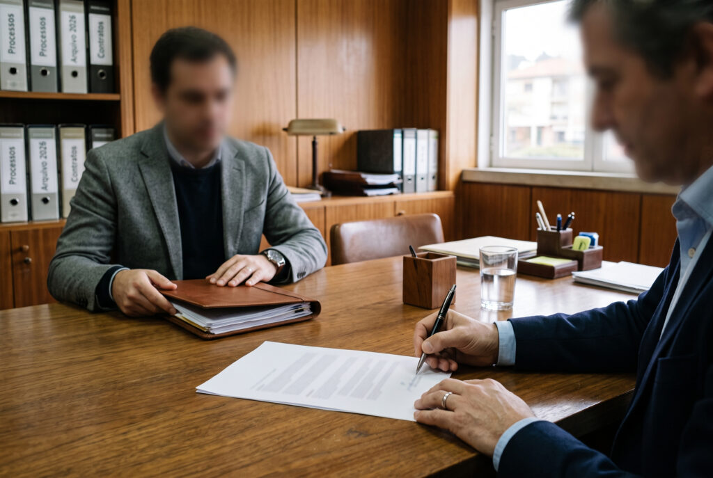 Pessoa a assinar uma declaração de renúncia junto ao balcão de atendimento