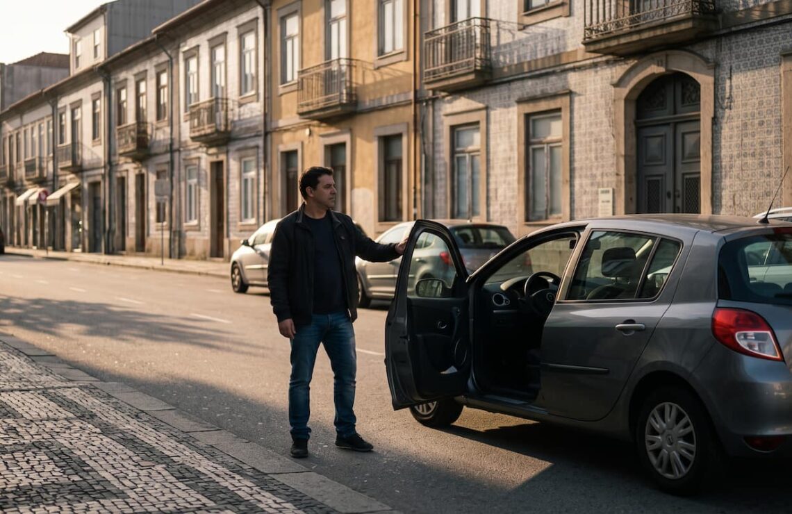 Homem de pé ao lado de um carro estacionado numa rua residencial portuguesa, ao fim da tarde, a olhar para a entrada de um prédio