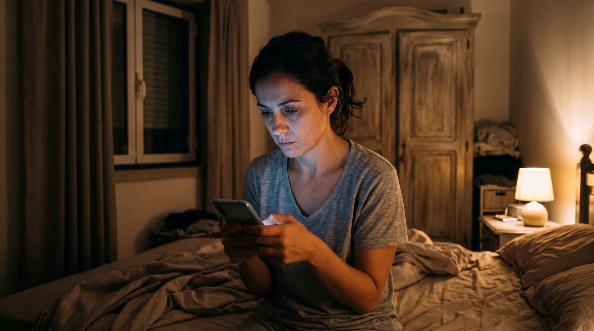 Mulher sentada na cama de um quarto em Portugal, à noite, a olhar para o ecrã iluminado do telemóvel com expressão tensa