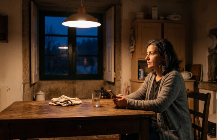 Mulher sentada à mesa da cozinha à noite, com o telemóvel nas mãos
