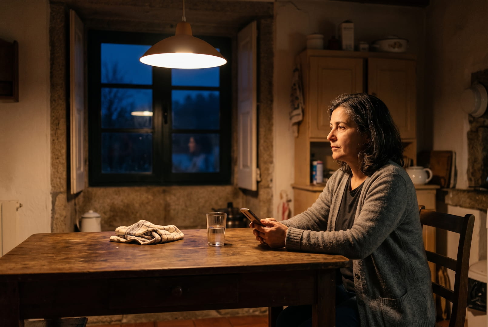 Mulher sentada à mesa da cozinha à noite, com o telemóvel nas mãos