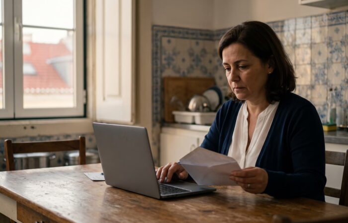 Mulher lê uma carta à mesa da cozinha, preocupada com uma dívida à Segurança Social